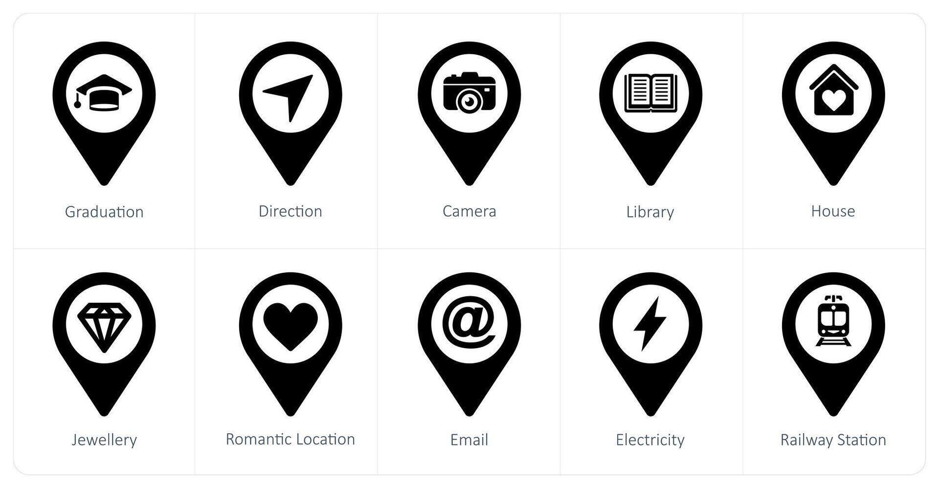 A set of 10 Location Pointer icons as graduation, direction, camera vector