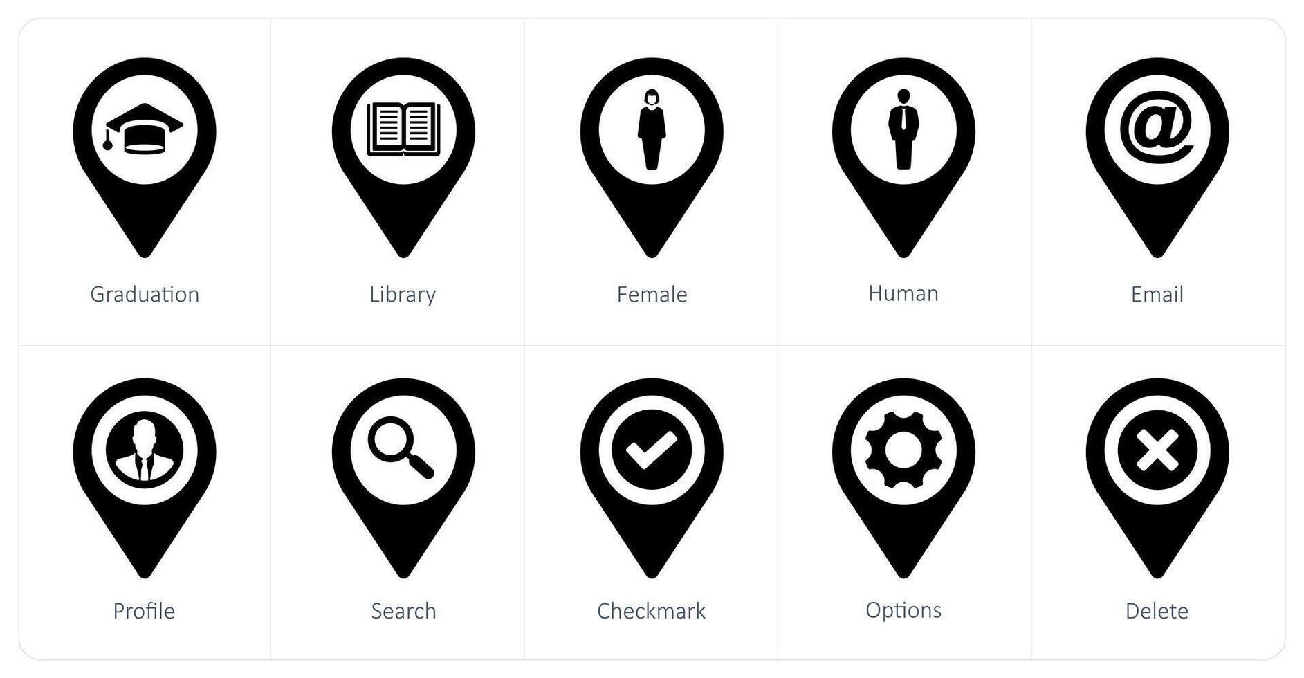 A set of 10 Location Pointer icons as graduation, library, female vector