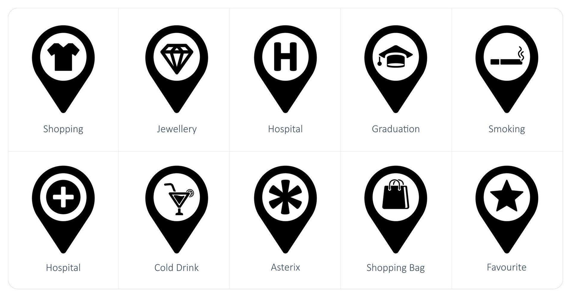 A set of 10 Location Pointer icons as shopping, jewellery, hospital vector