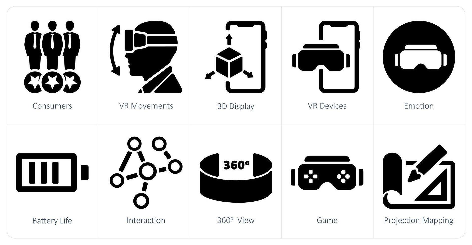A set of 10 virtualreality icons as consumers, vr movements, 3d display vector
