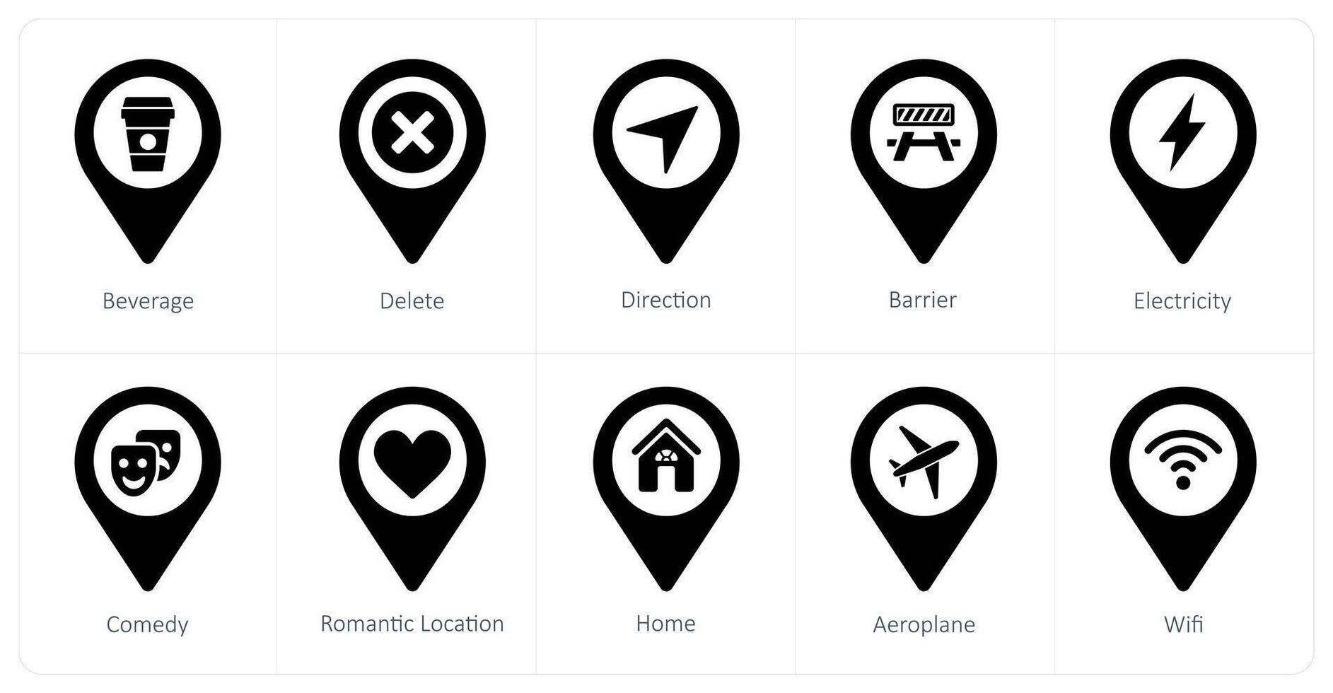 A set of 10 Location Pointer icons as beverage, delete, direction vector
