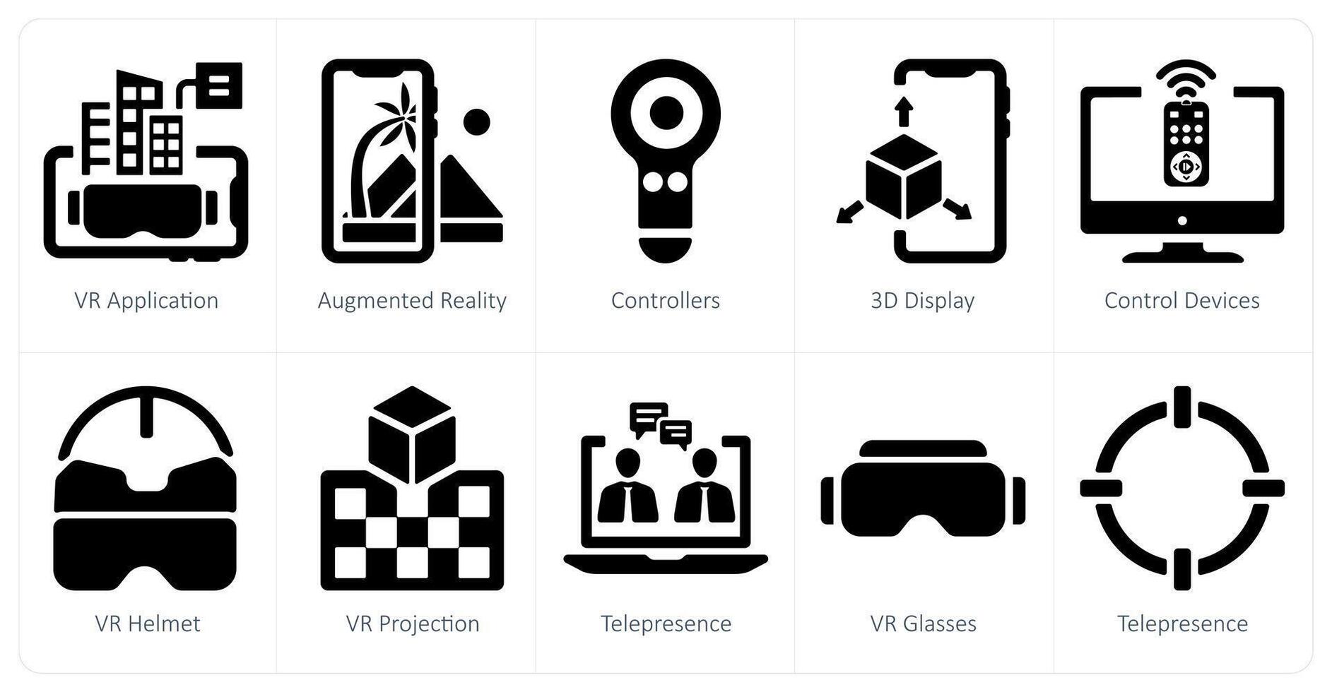 A set of 10 virtualreality icons as vr application, controllers, 3d display vector