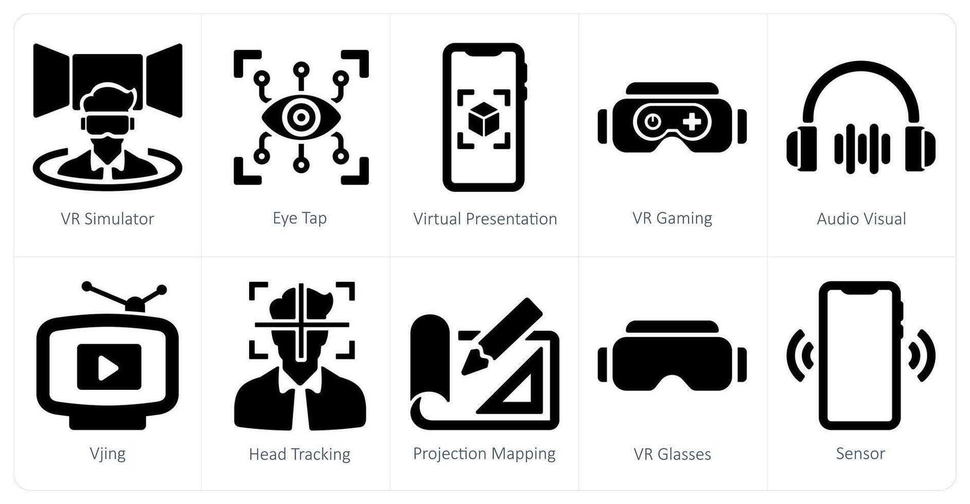 A set of 10 virtualreality icons as vr simulator, eye tap, virtual presentation vector
