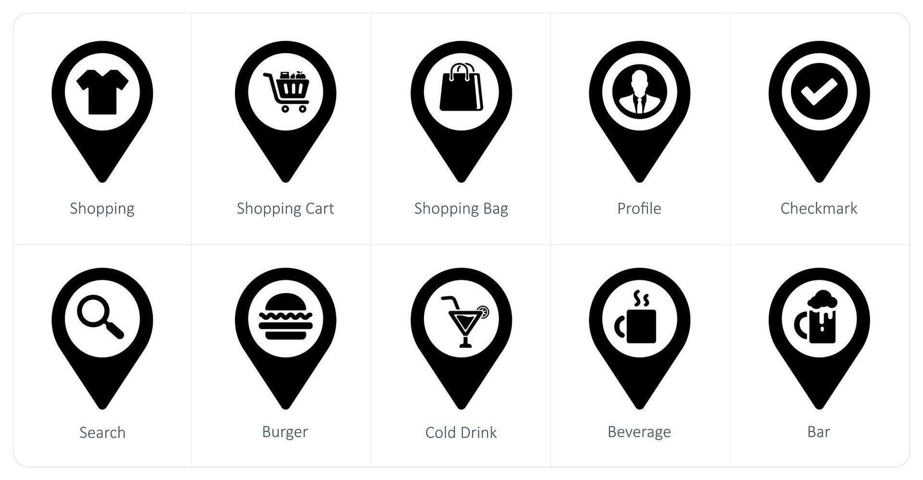 A set of 10 Location Pointer icons as shopping, shopping cart, shopping bag vector