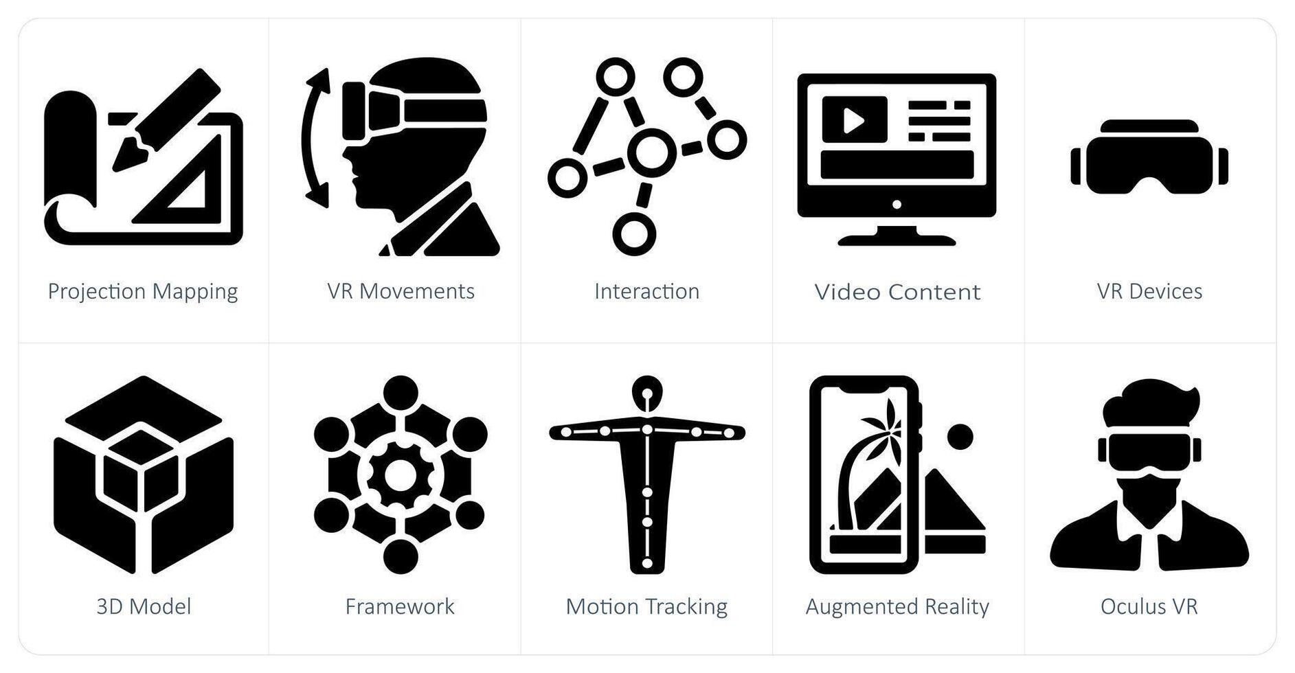 A set of 10 virtualreality icons as projection mapping, vr movements, interaction vector