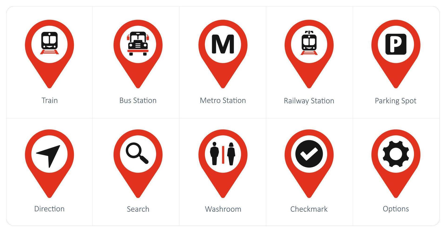 A set of 10 Location Pointer icons as train, bus station, metro station vector