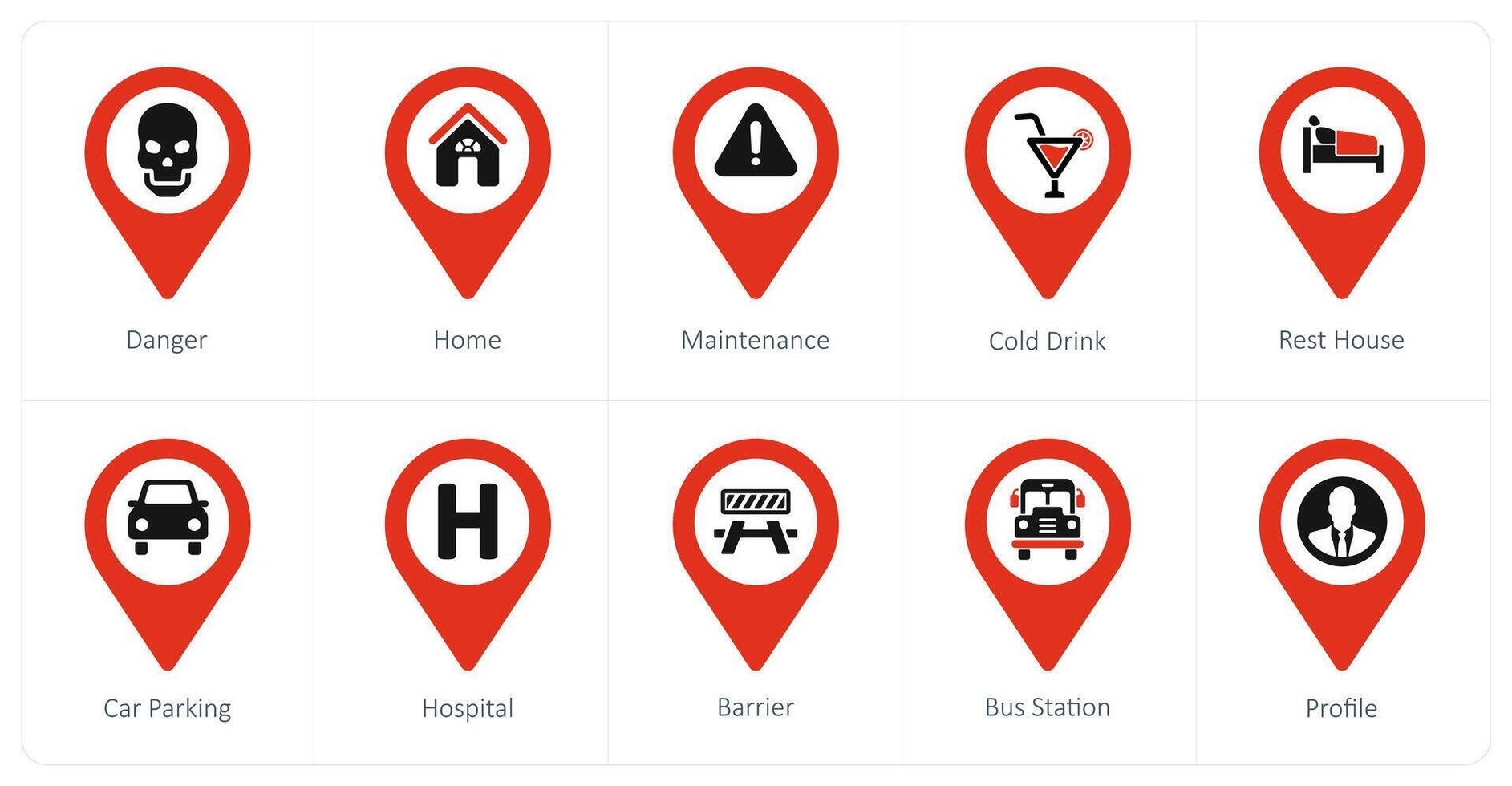A set of 10 Location Pointer icons as danger, home, maintenance vector