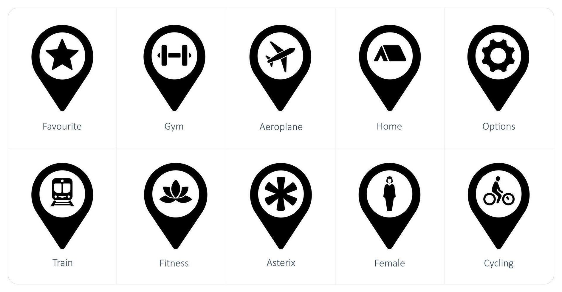 A set of 10 Location Pointer icons as favorite, gym, aeroplane vector