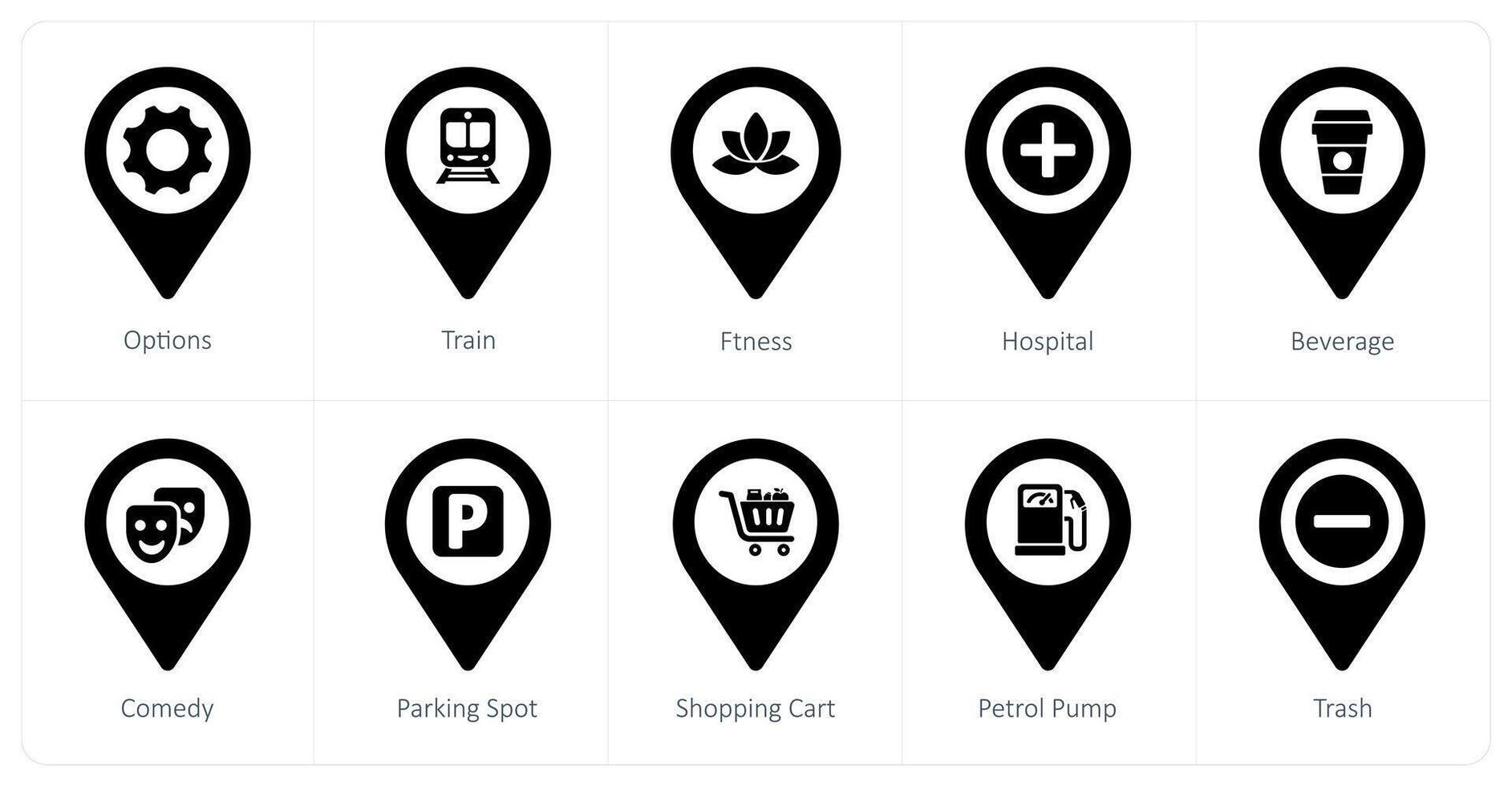 A set of 10 Location Pointer icons as options, train, fitness vector