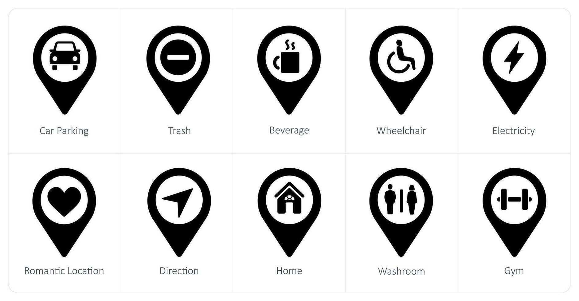 A set of 10 Location Pointer icons as car parking, trash, beverage vector