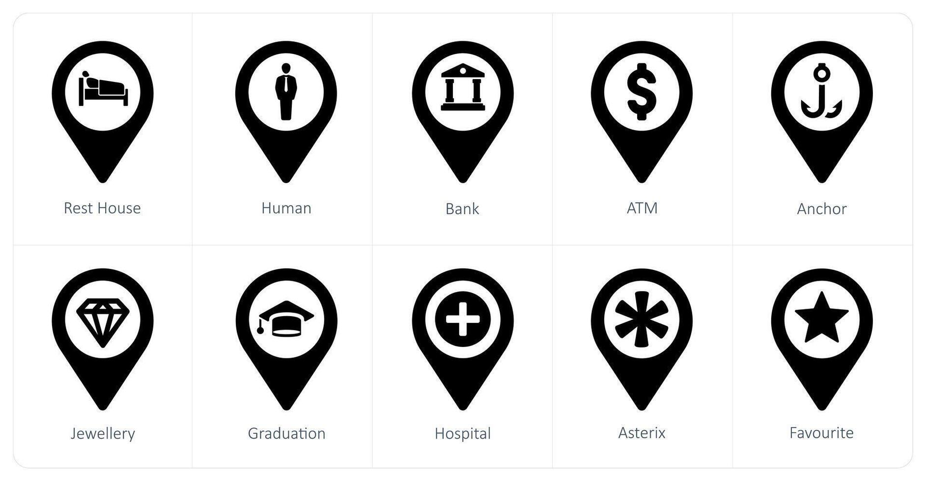 A set of 10 Location Pointer icons as rest house, human, bank vector