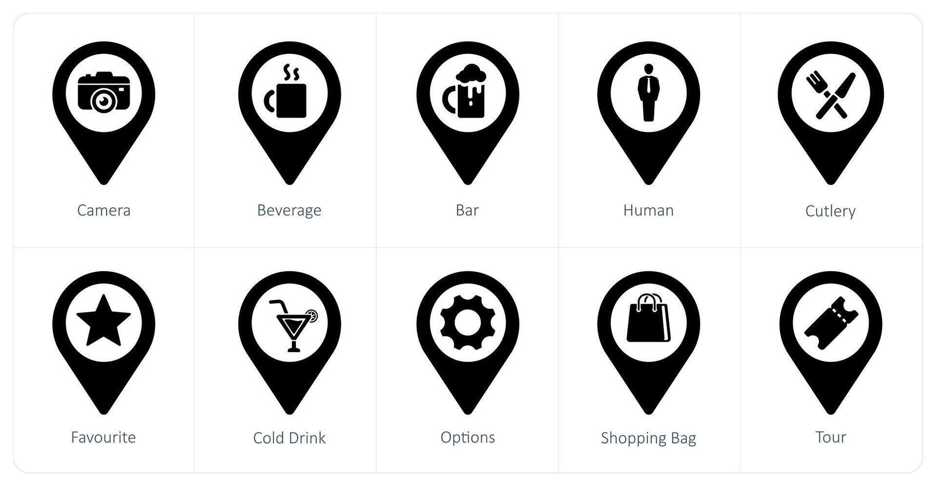 A set of 10 Location Pointer icons as camera, beverage, bar vector
