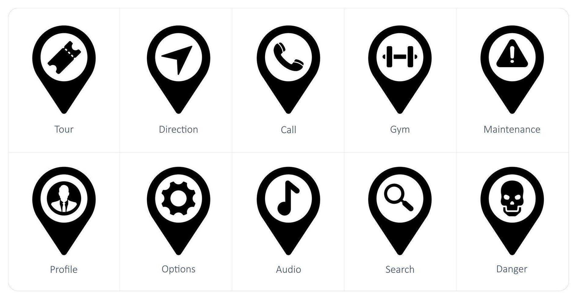 A set of 10 Location Pointer icons as tour, direction, call vector