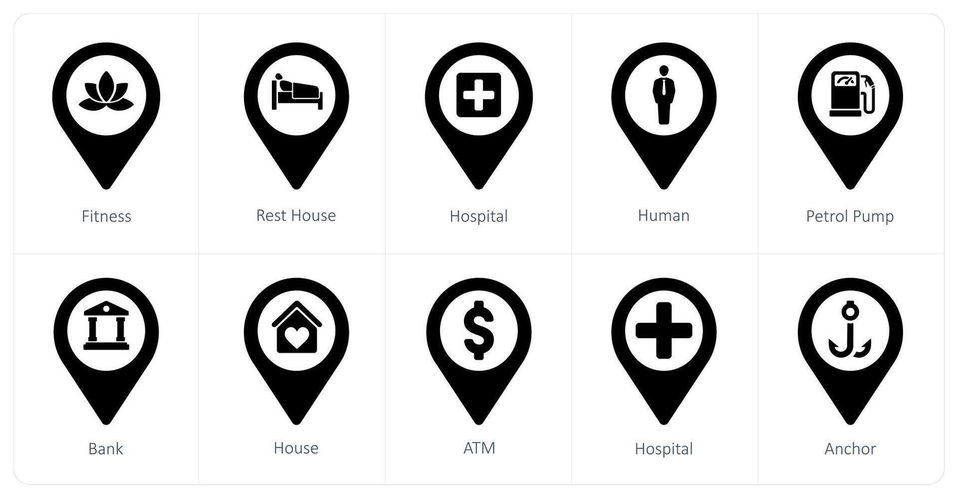 A set of 10 Location Pointer icons as fitness, rest house, hospital vector