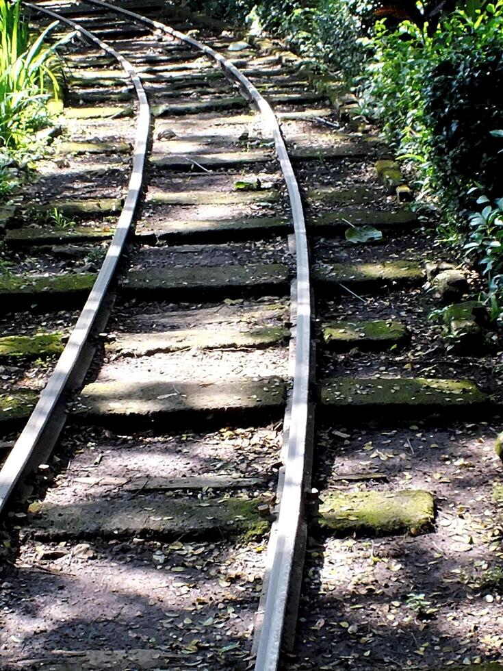 railway that leads into a forest. Old railway curve. Mass transportation concept background photo