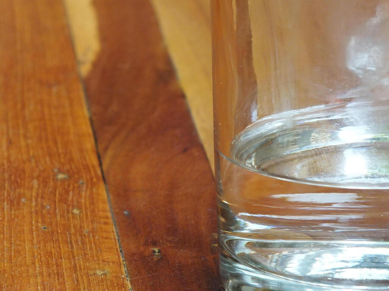 close up of a Glass of water on wooden table background. copy space for text. Refreshment concept idea photo