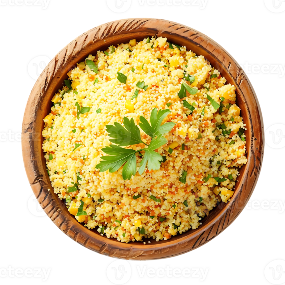 Top View of Couscous Salad with Corn and Parsley in Wooden Bowl - Food Photography png