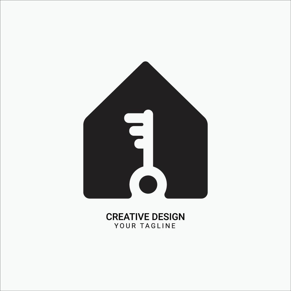 Creative home icon with key negative space flat black logo design vector
