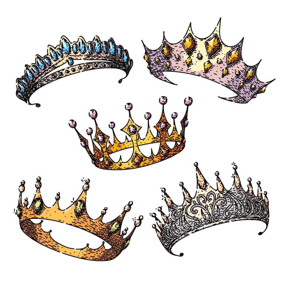 crown queen set sketch hand drawn vector