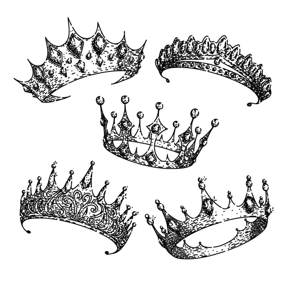 crown queen set sketch hand drawn vector
