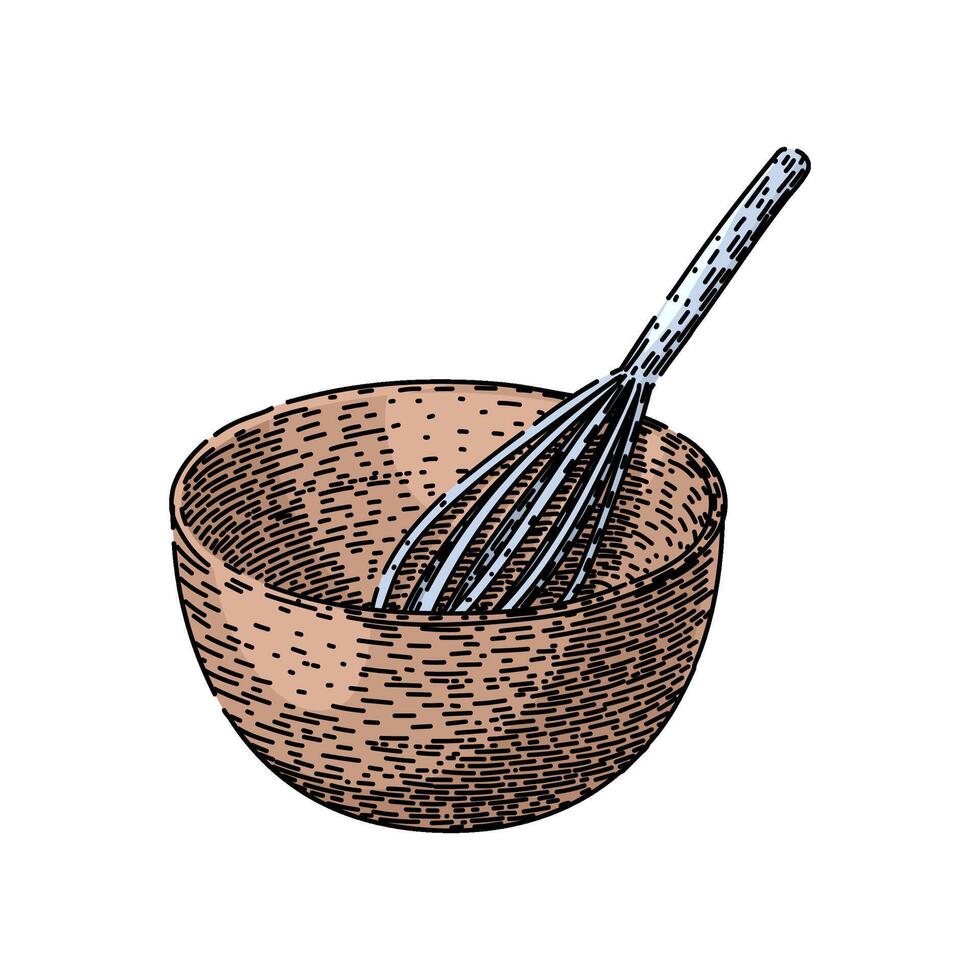 whisk mixing bowl kitchen utensil retro sketch hand drawn vector
