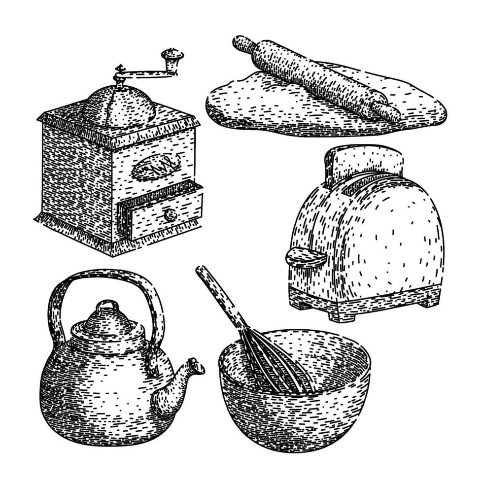 kitchen utensil retro set sketch hand drawn vector