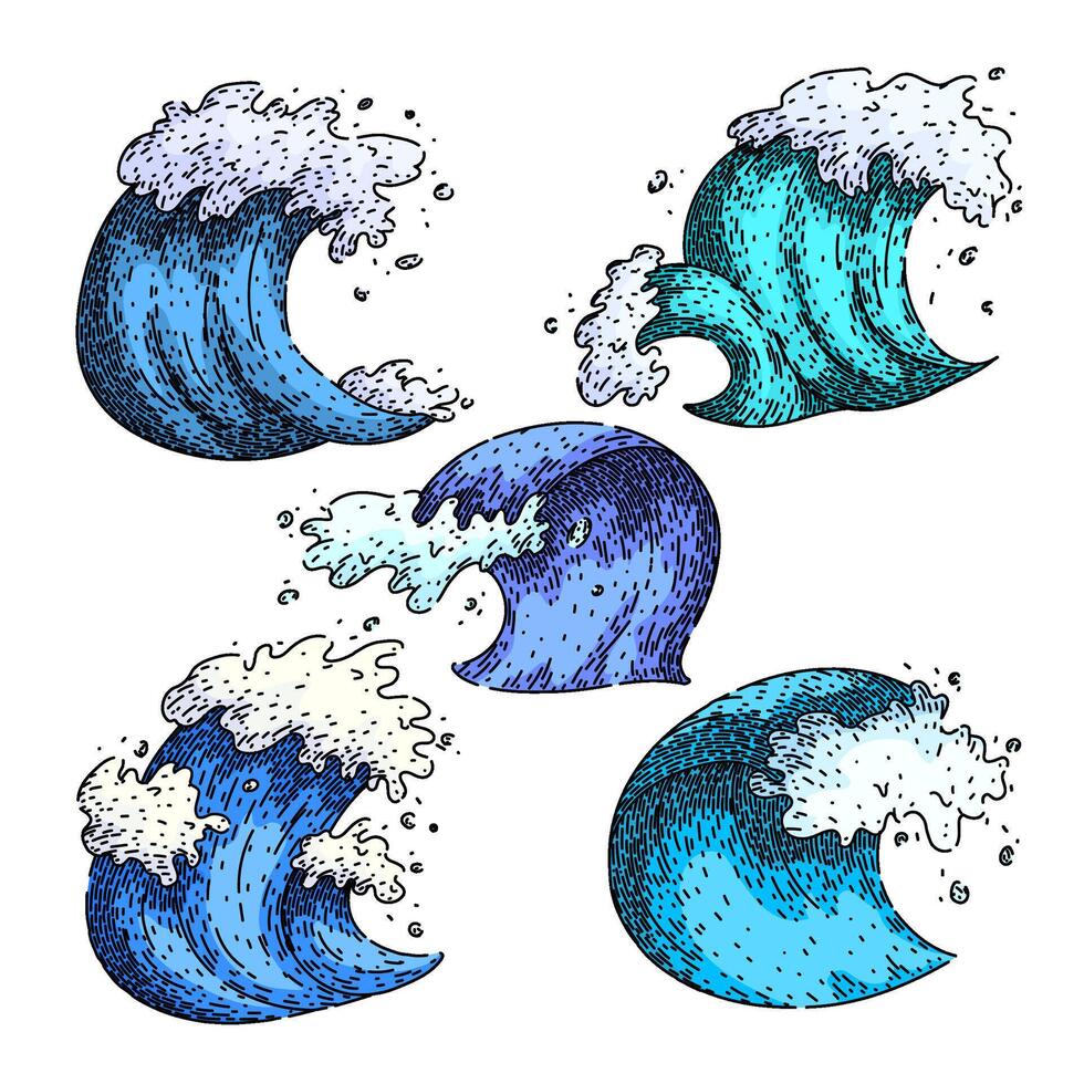 ocean wave set sketch hand drawn vector