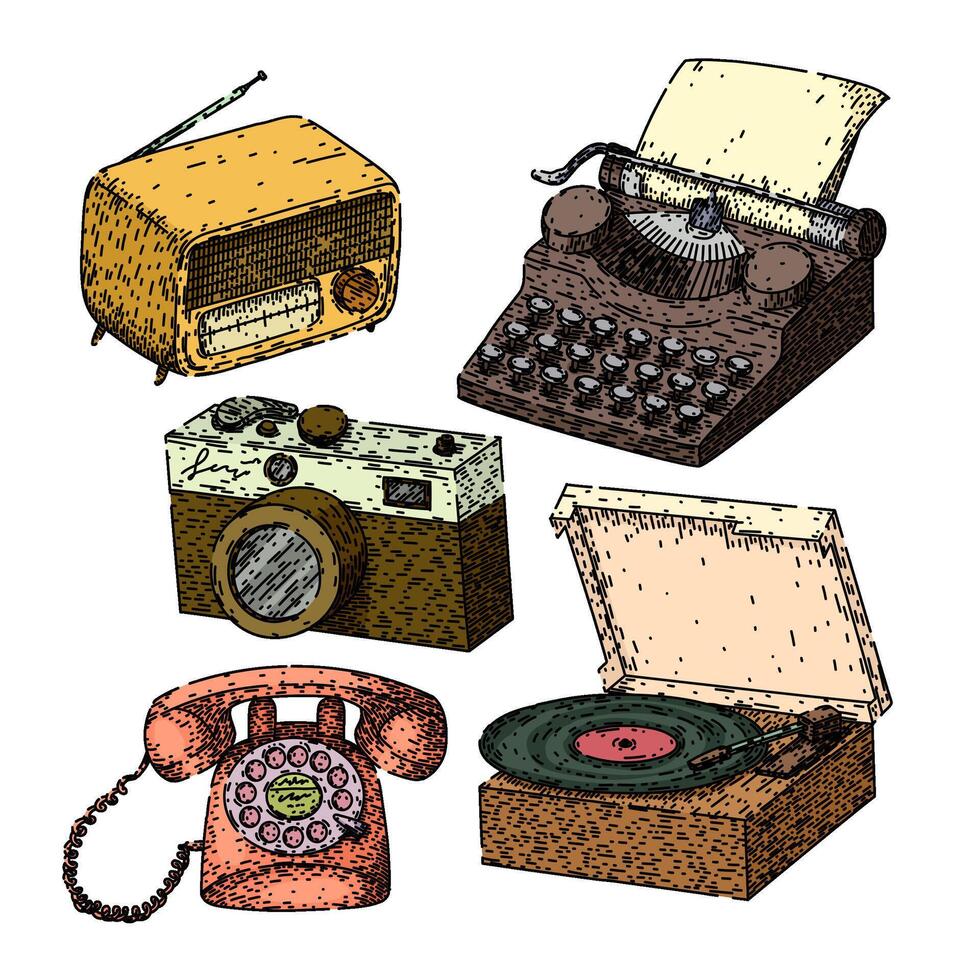 retro technology devices set sketch hand drawn vector