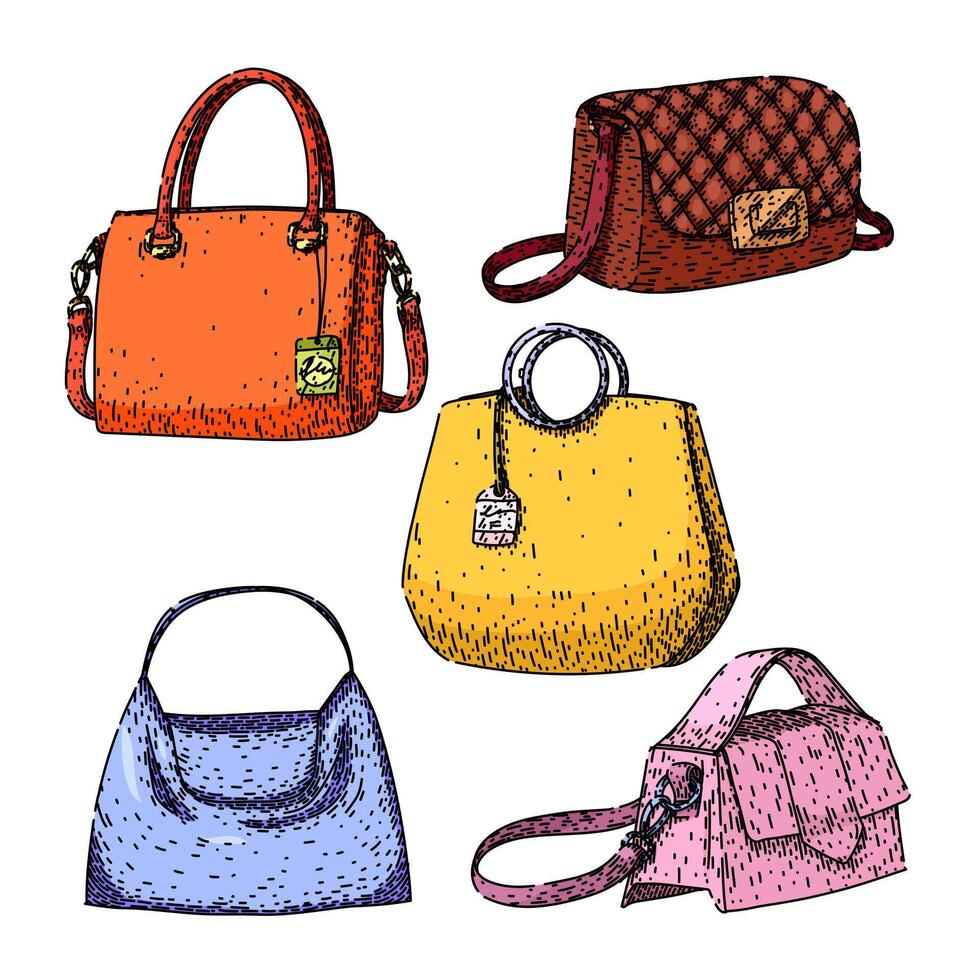 trendy handbag set sketch hand drawn vector