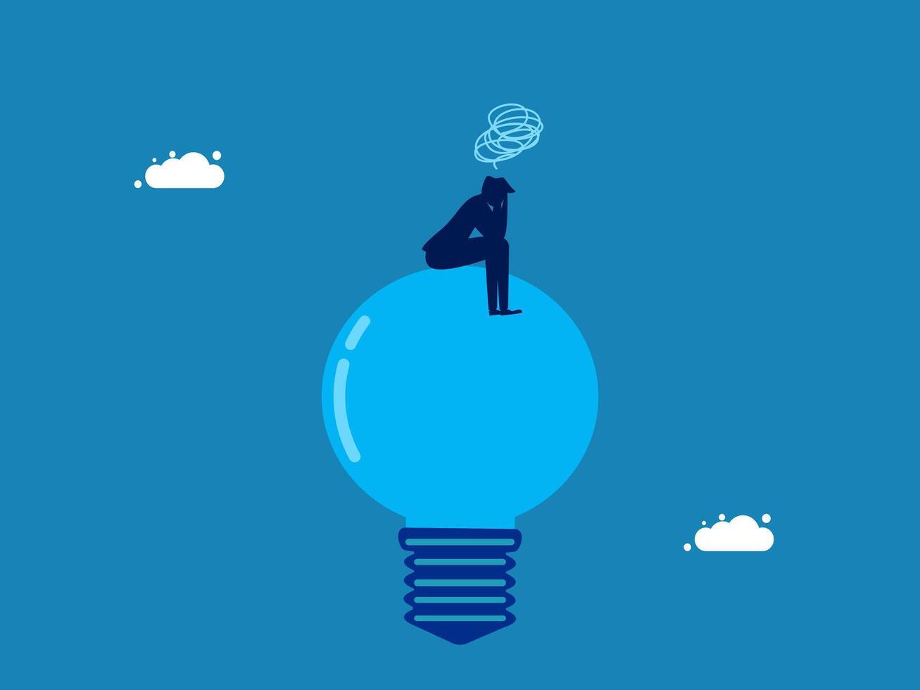 Helpless. Businessman sitting stressed on a burned out light bulb vector
