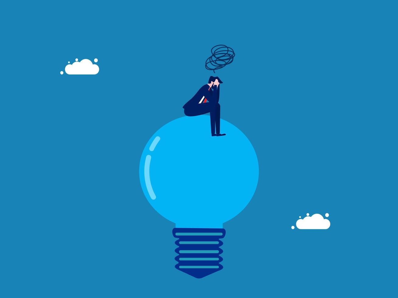 Sadness and lack of light in life. Businessman sitting stressed on a burned out light bulb vector