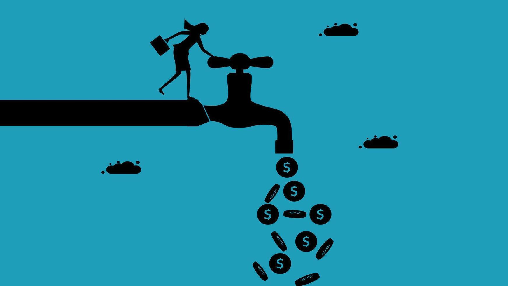 a woman is standing on a faucet with money coming out vector