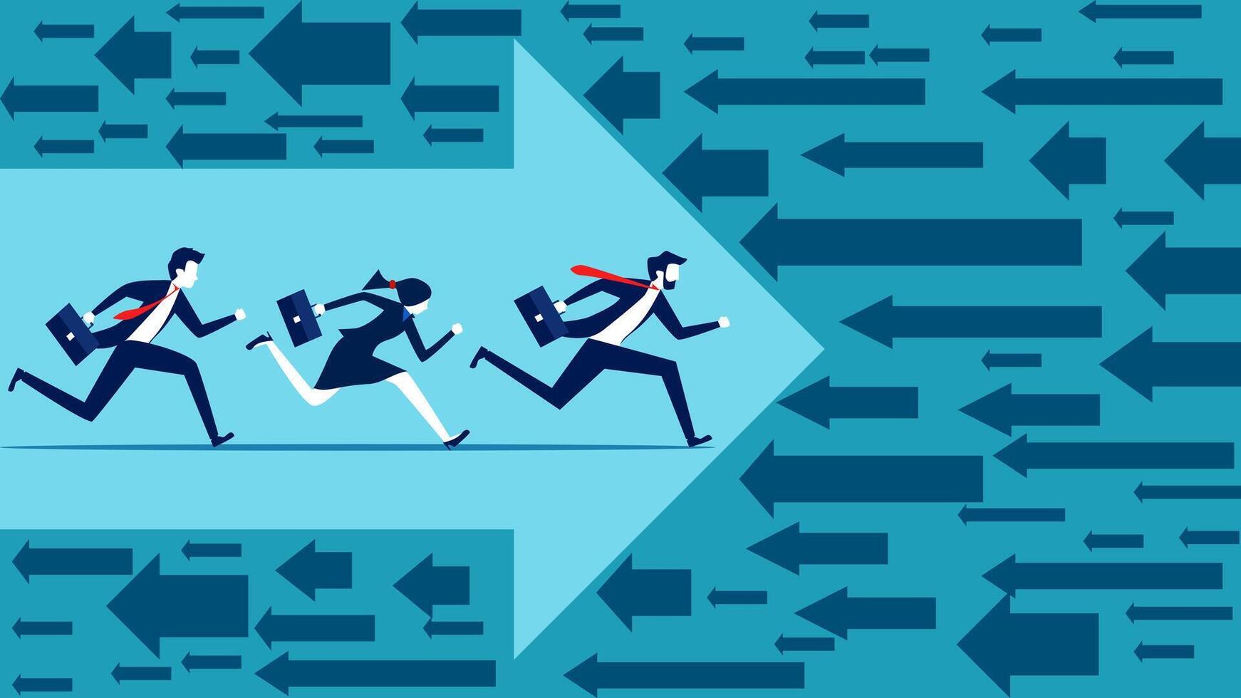 business people running on an arrow with arrows pointing in different directions vector