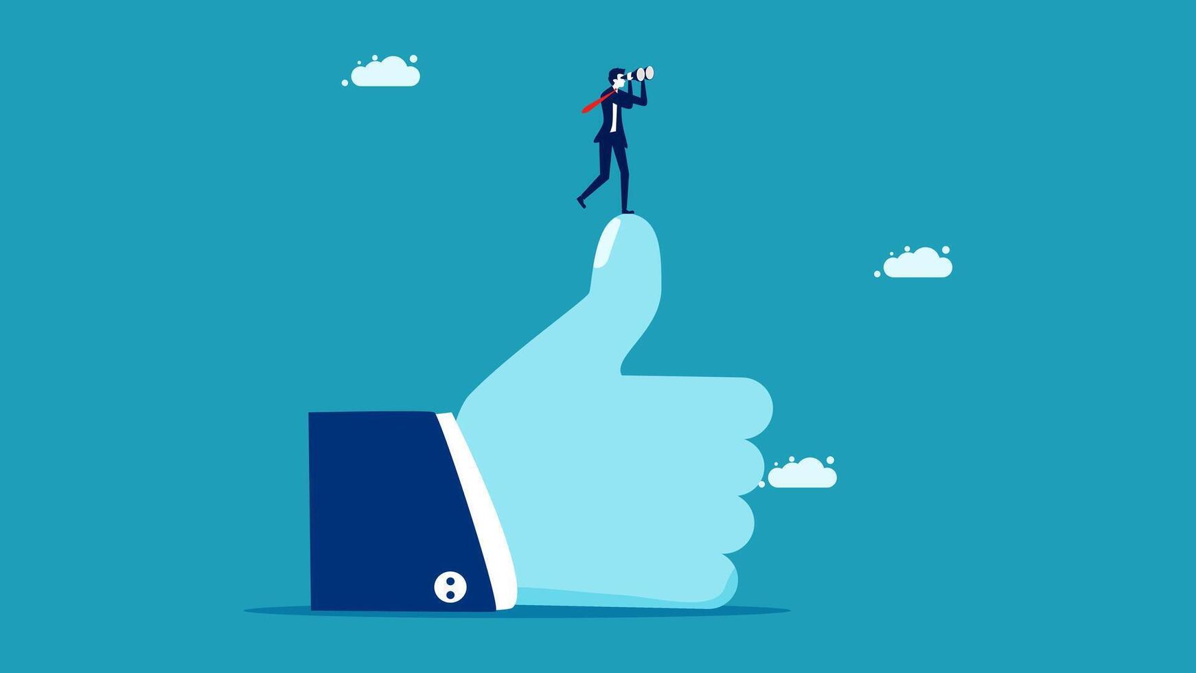 businessman standing on top of thumb up with a ladder vector