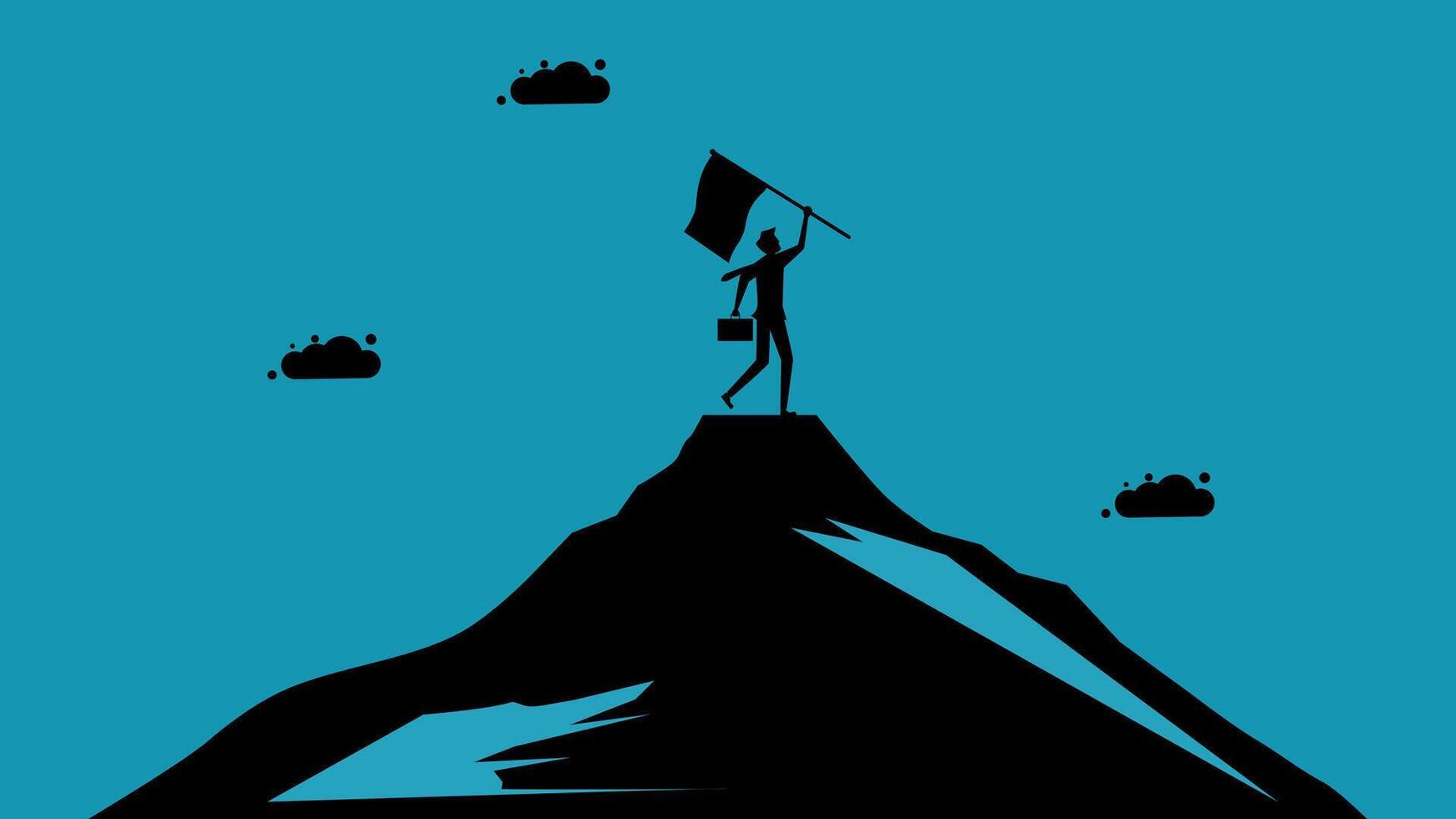 a man is standing on top of a mountain with a flag vector