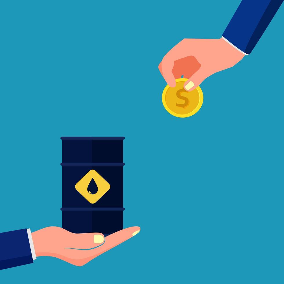 two hands are holding a barrel of oil and a coin vector