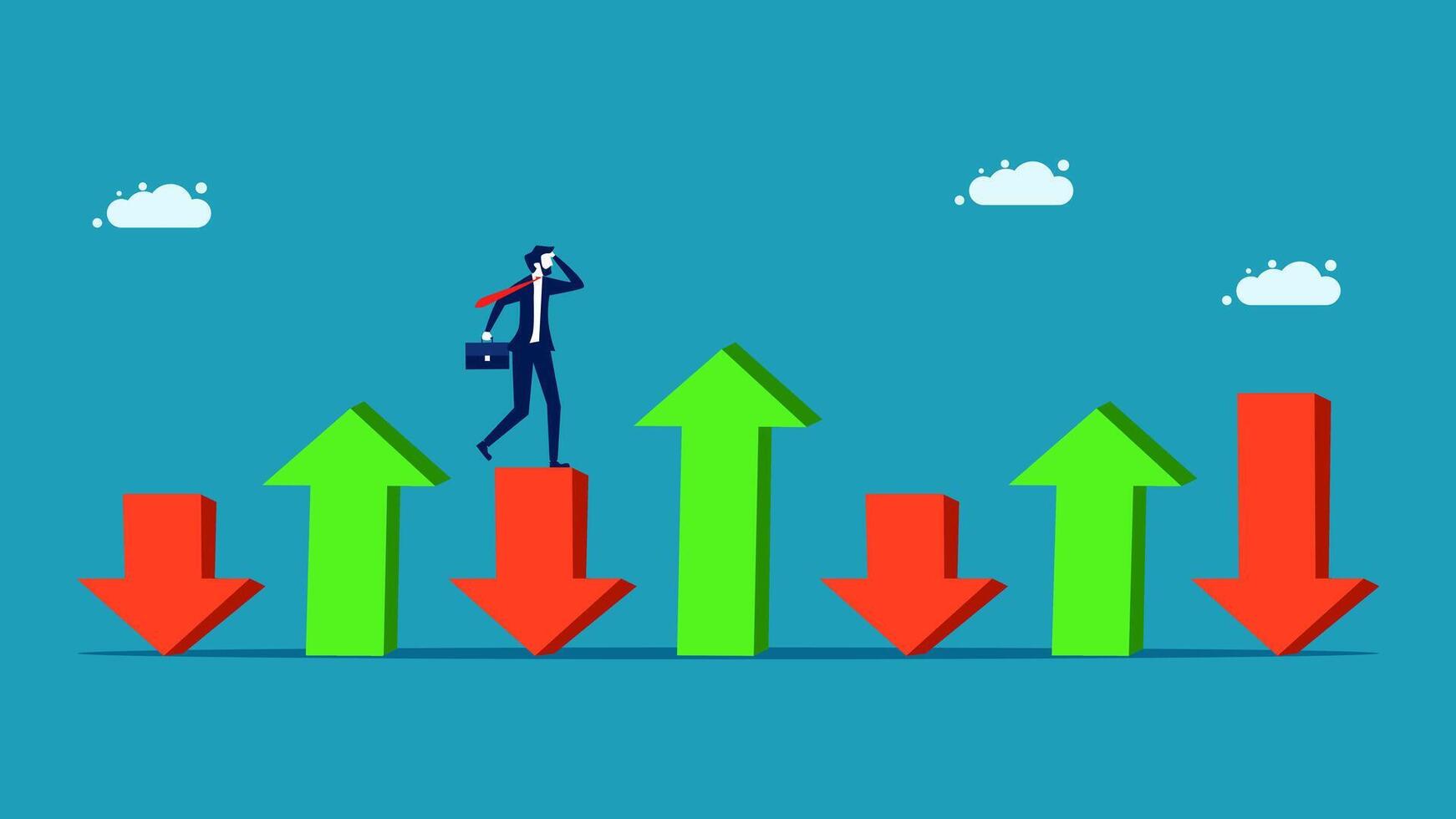 businessman standing on top of arrows with a business graph vector