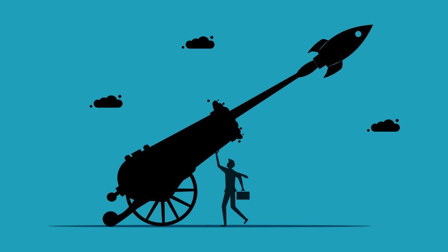businessman pushing a cannon on a blue background vector