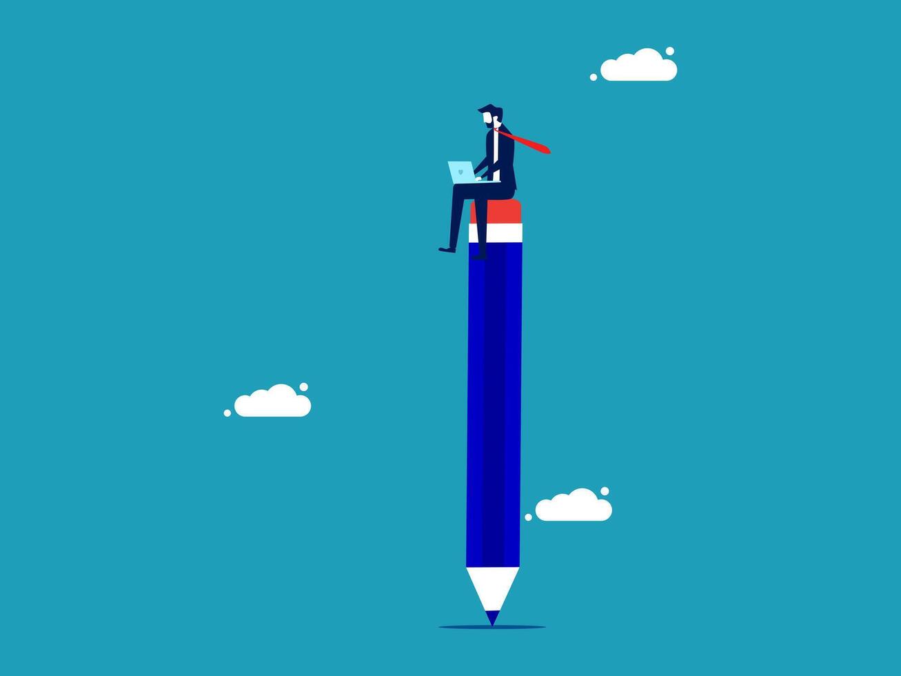 businessman on top of pencil with clouds in background vector