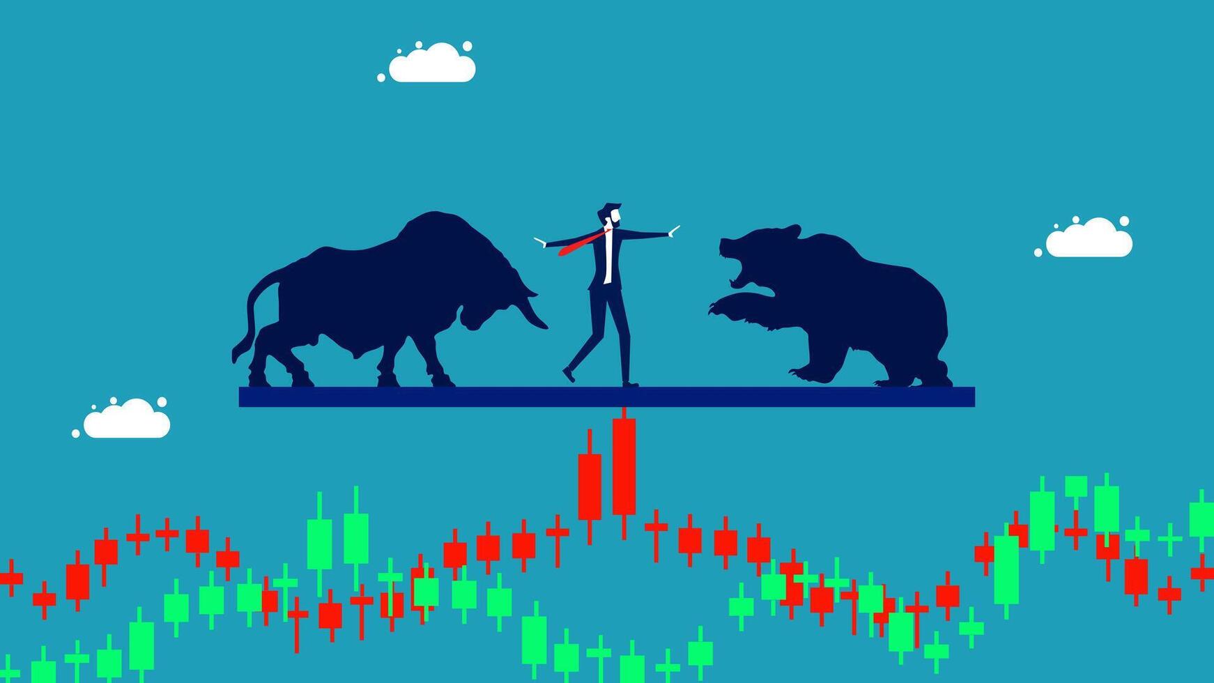 two bulls and a bear are standing on a balance beam vector