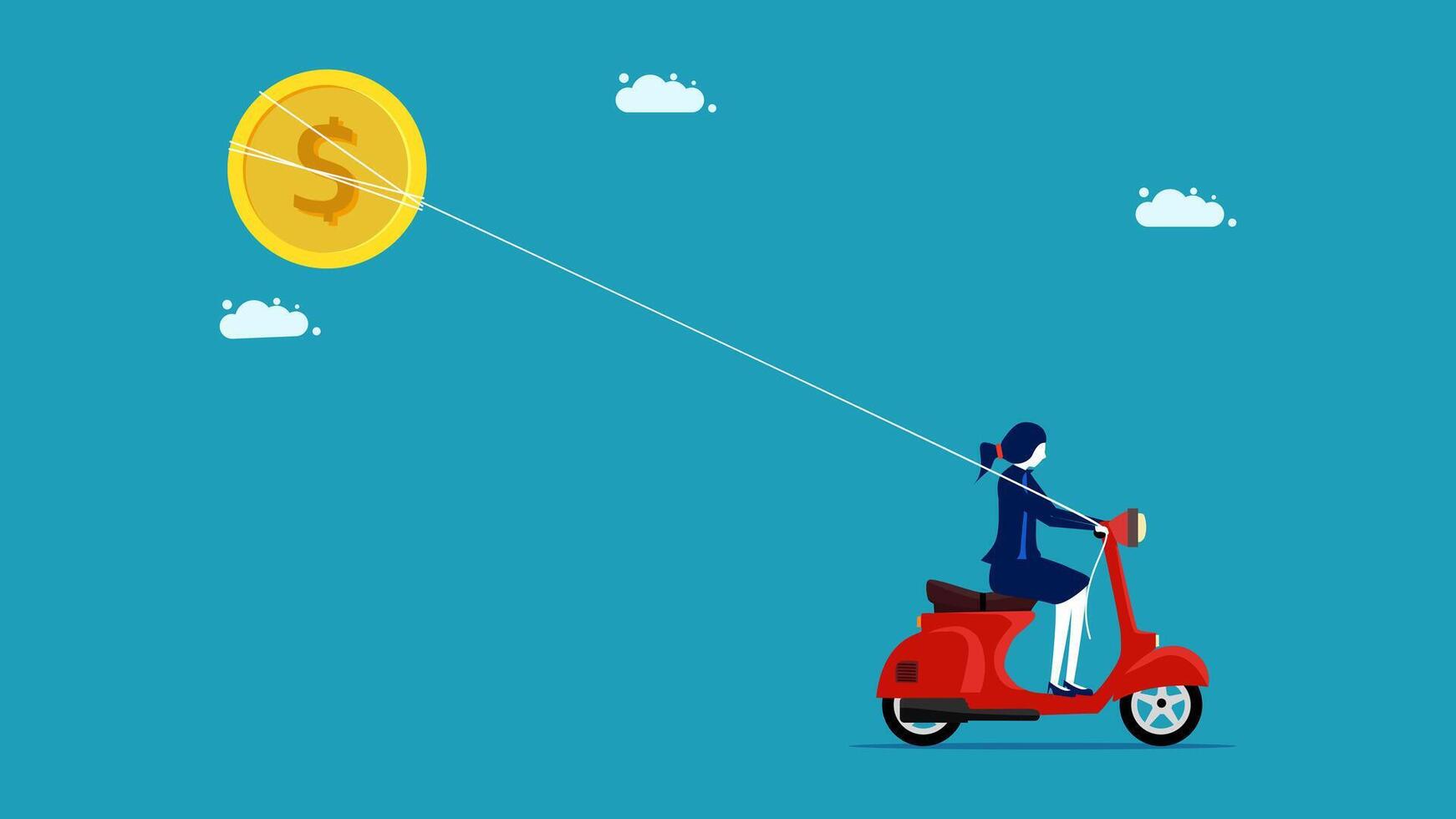 a woman riding a scooter with a coin in the air vector
