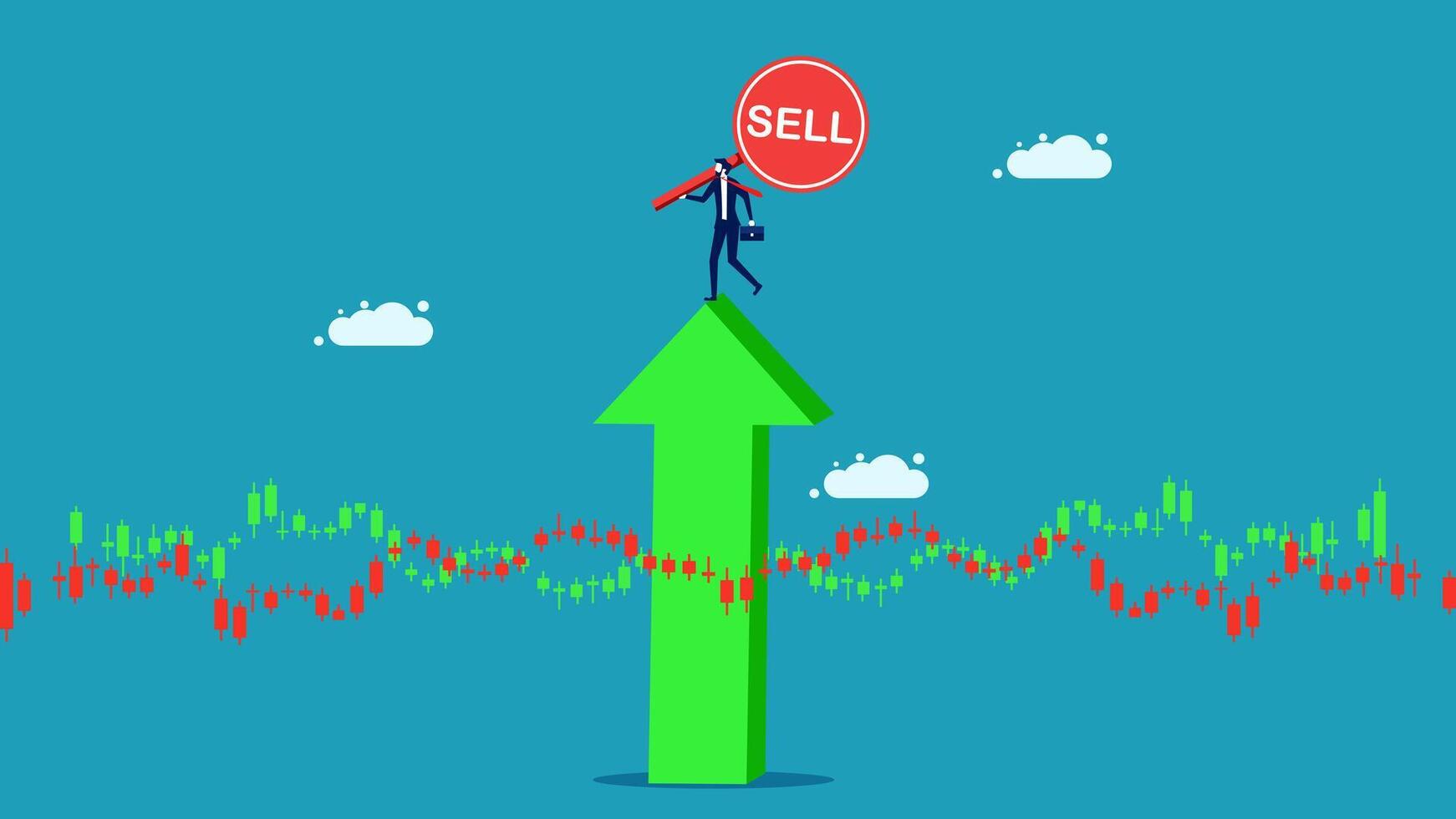 a man is standing on top of a sell sign vector