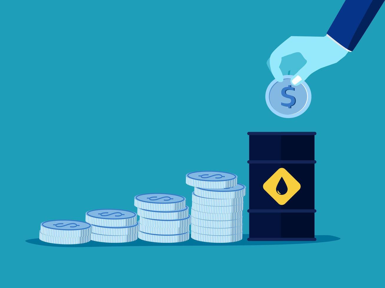 a hand is putting money into a barrel of oil vector
