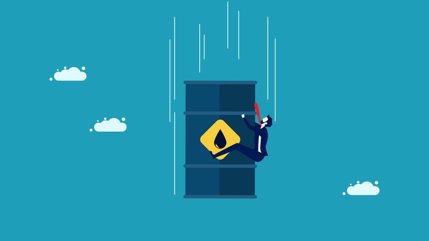 a man climbing on top of a barrel with oil vector