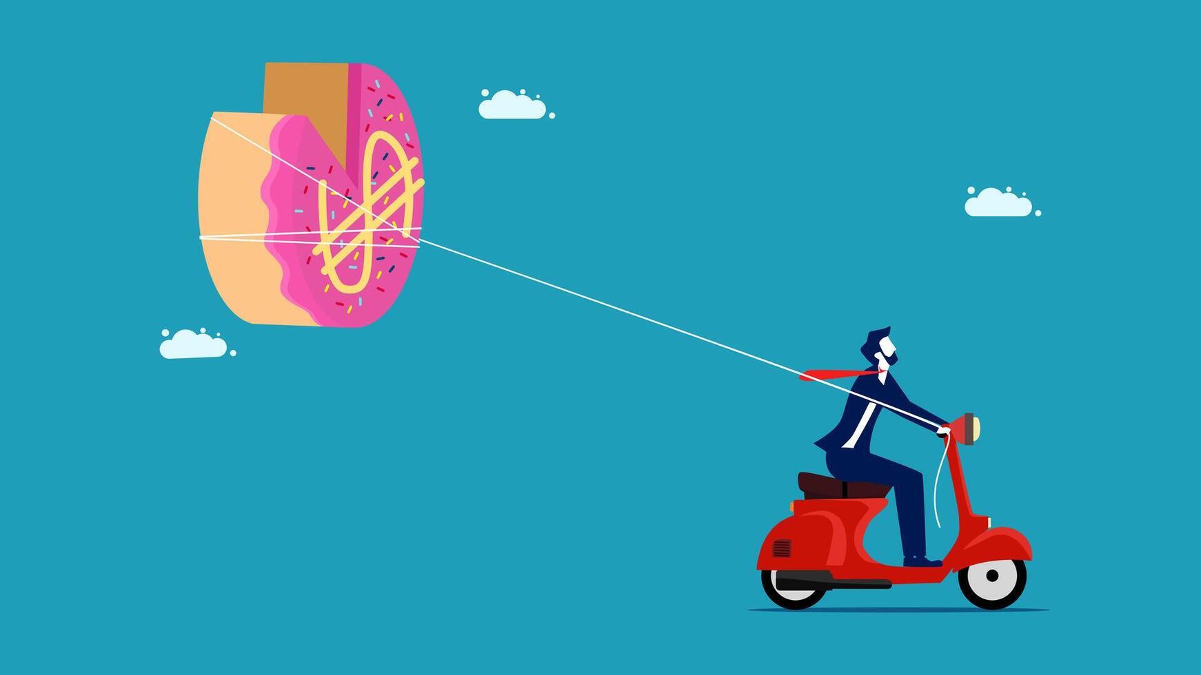 a man on a scooter is flying a large piece of meat vector