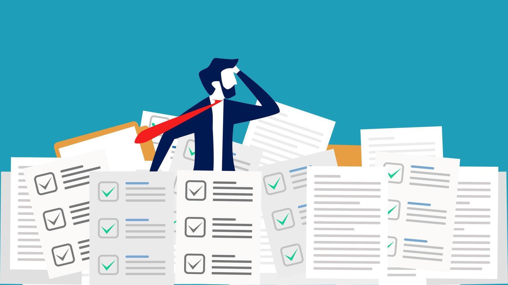 man with a red tie standing on top of a pile of documents vector