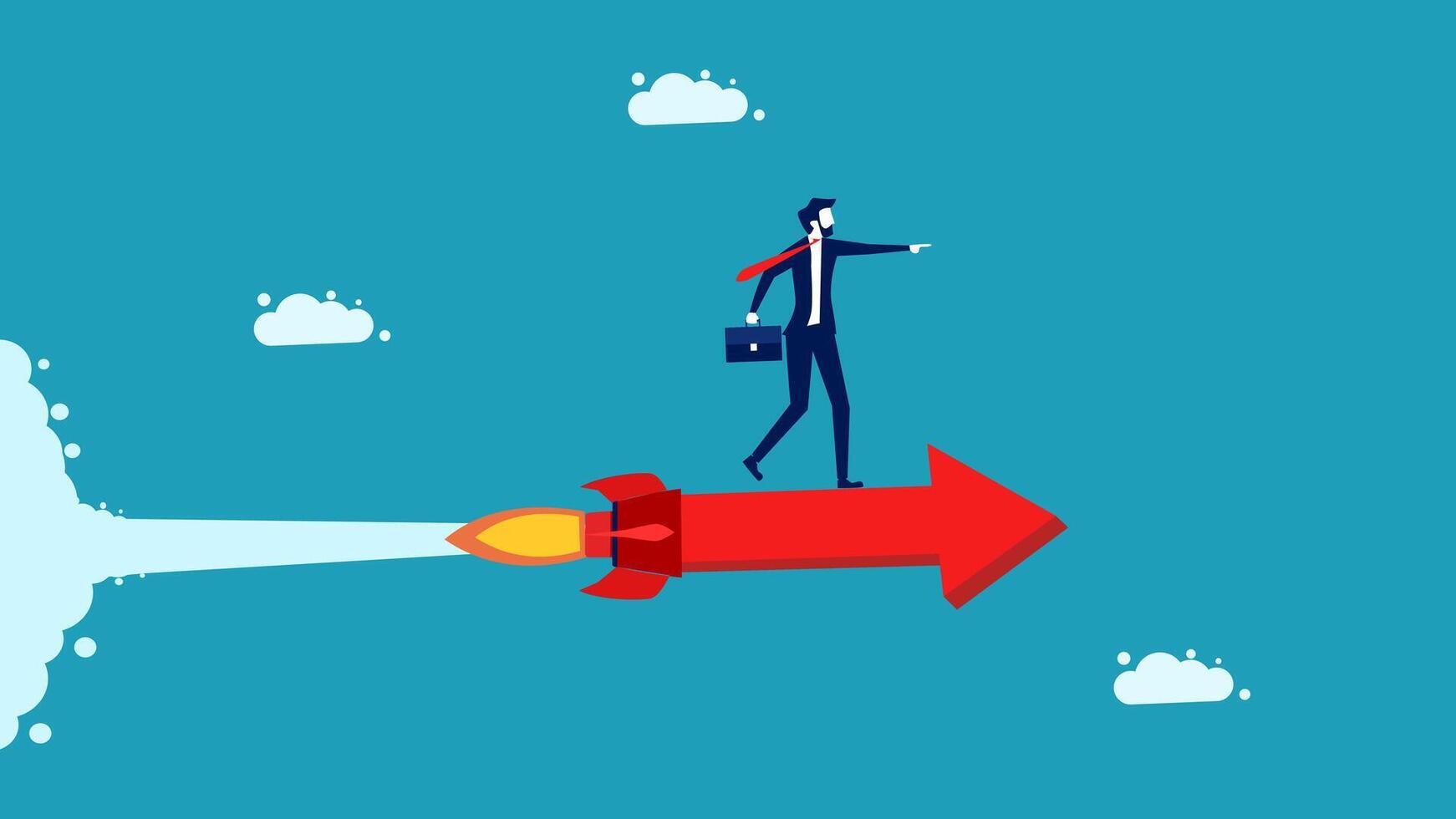 businessman on rocket with arrow pointing to goal, business concept, flat design vector