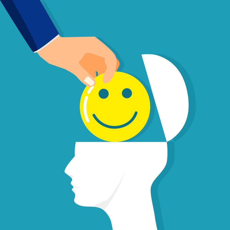 hand putting smiley face into human head vector