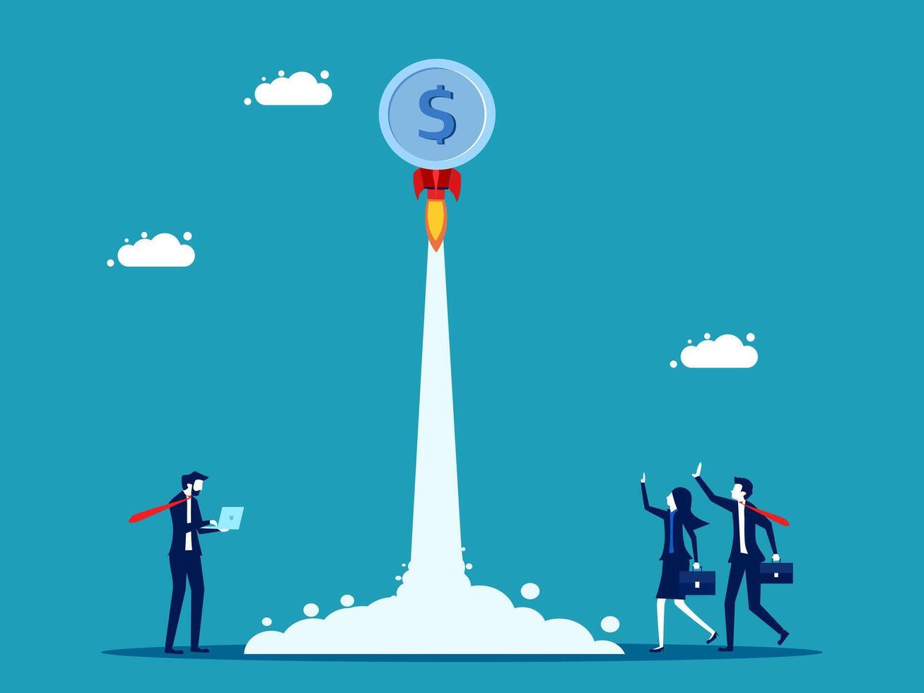business people standing on a rocket with a dollar sign on it vector