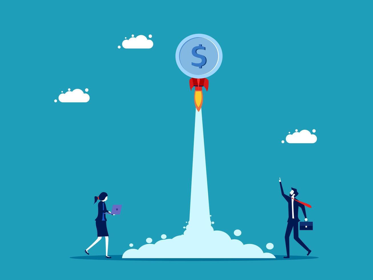 business people standing next to a rocket with a dollar sign on it vector